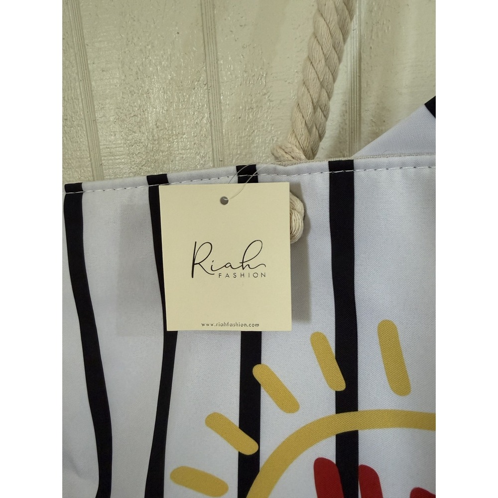 Riah Fashion Hello Summer Beach Tote Bag Striped Canvas Rope Handle with Pouch - Picture 2 of 3